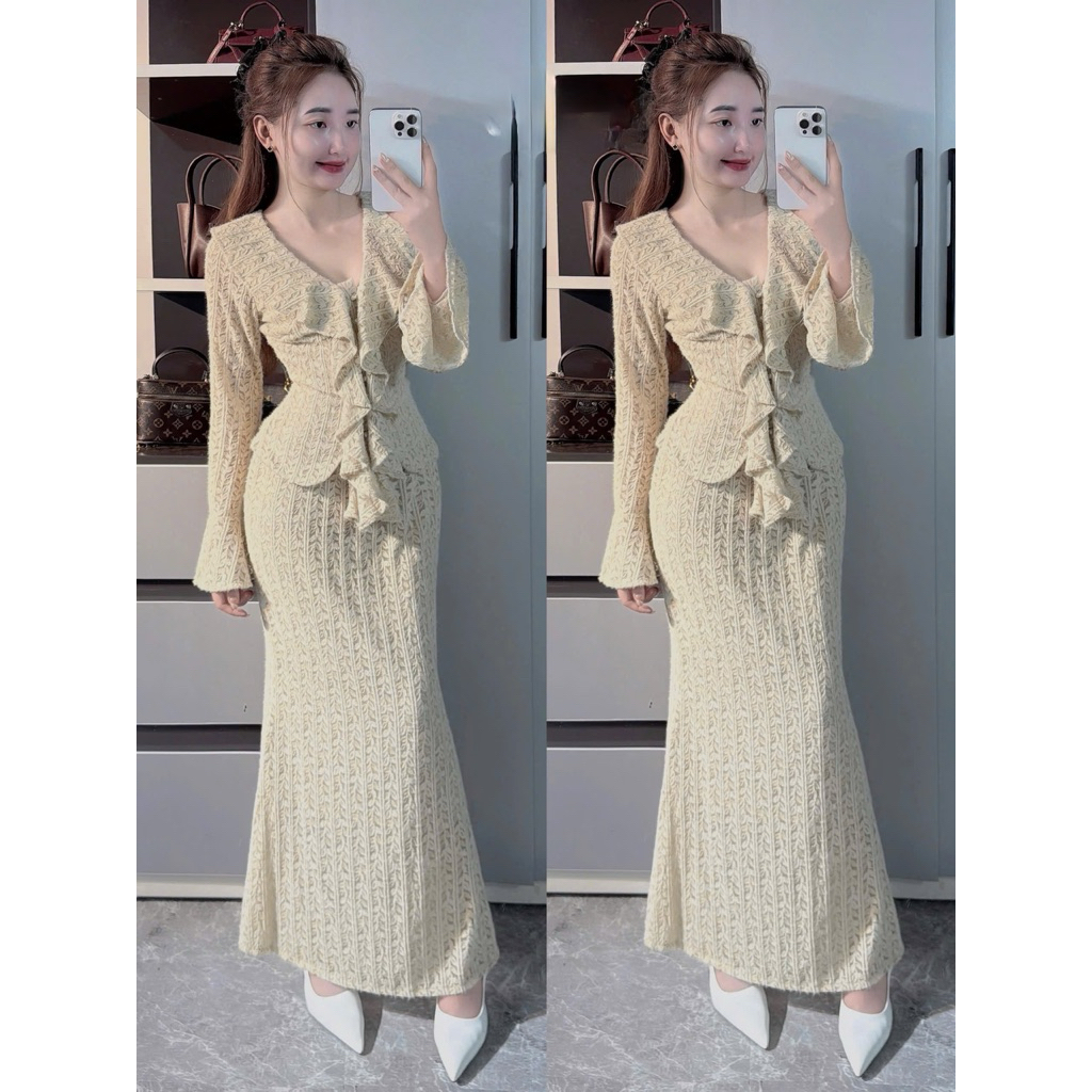 Set Váy Body Tay Loe Dài Nhún Bèo Siêu Tôn Dáng Dự Tiệc Đi Chơi Sang Trọng Size SM V797 AĐ BOUTIQUE | BigBuy360 - bigbuy360.vn