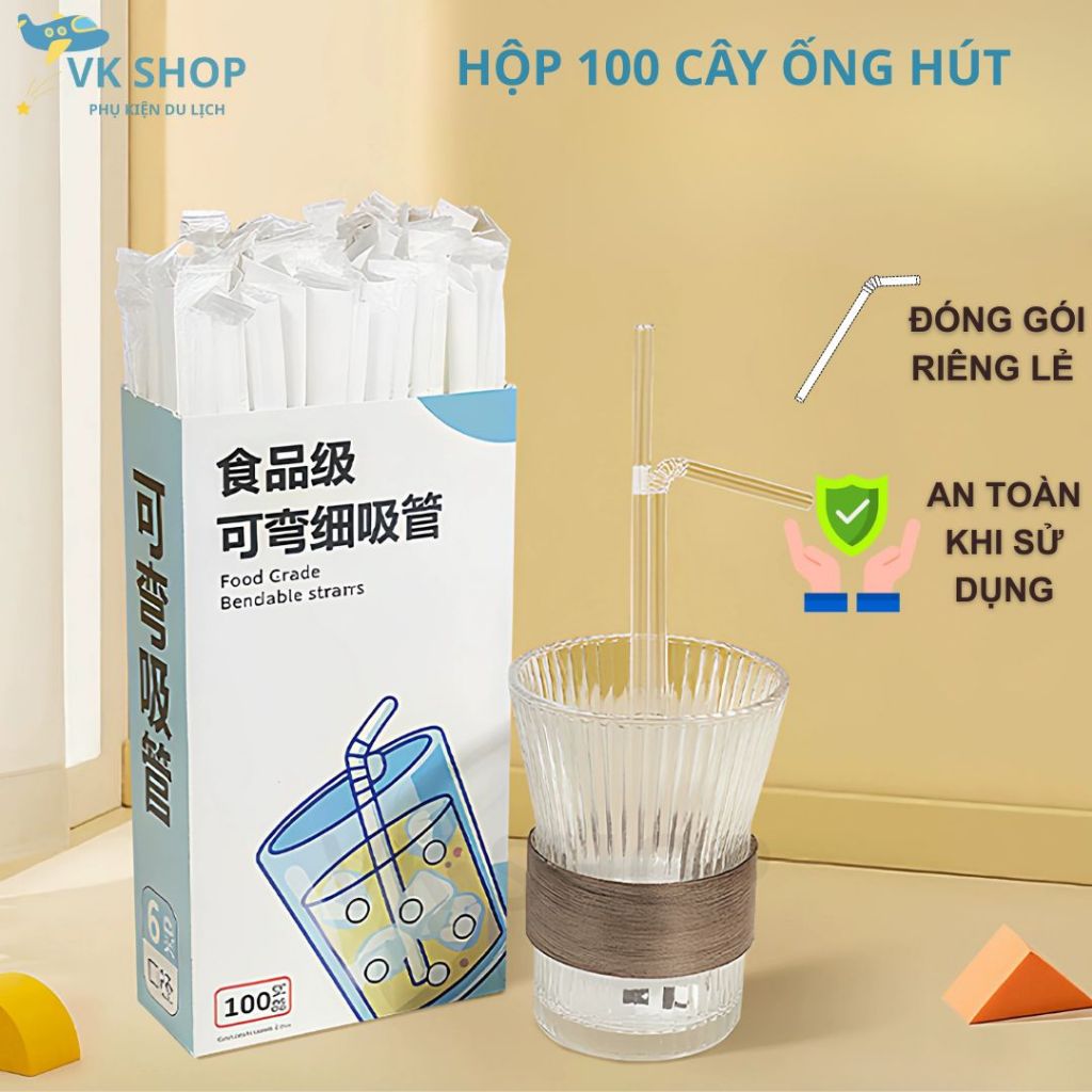 Ống Hút Dùng 1 Lần Hộp 100 Cây, Ống Hút Nhựa Tiện Lợi Cho Tiệc, Sự Kiện, Du Lịch
