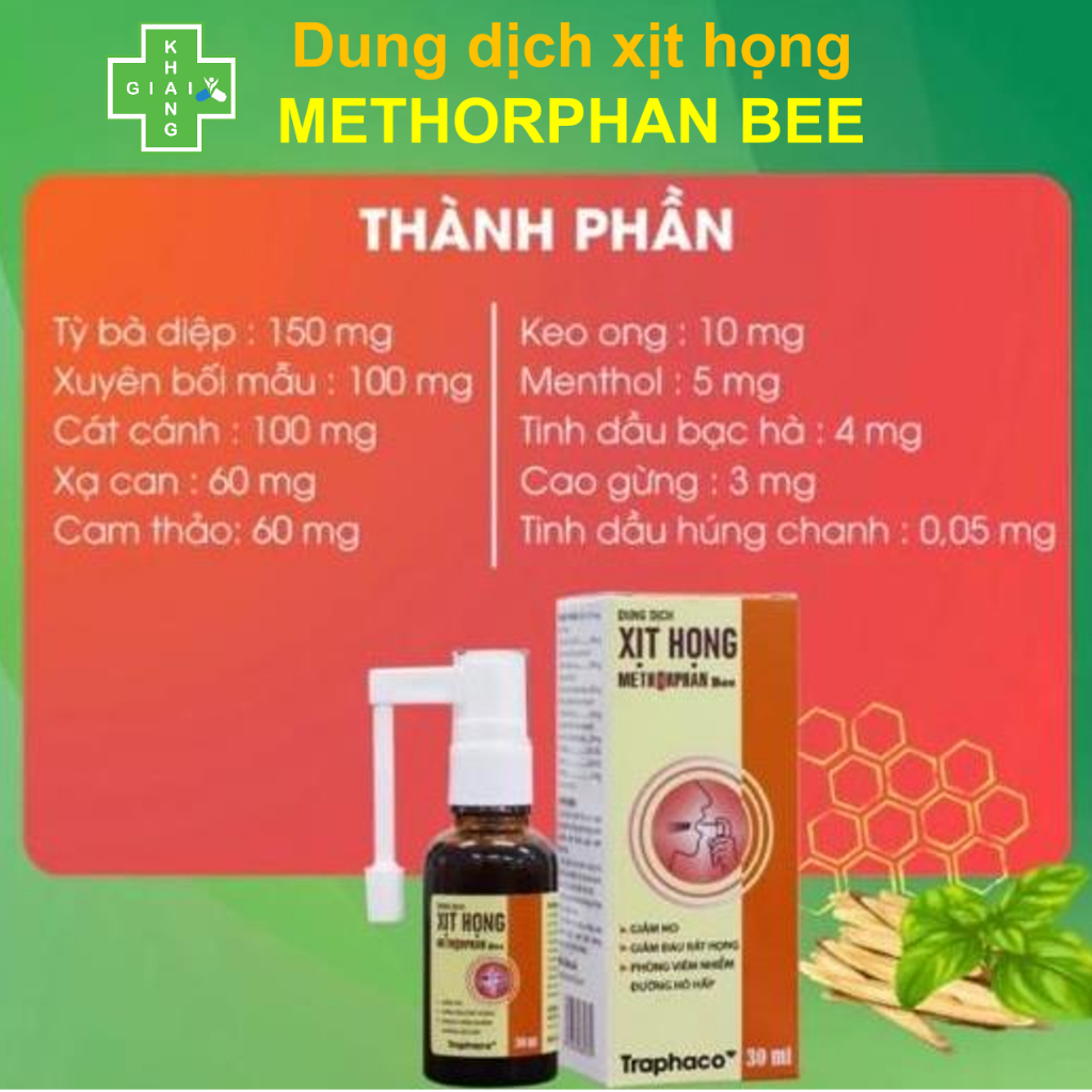 Dung dịch xịt họng keo ong Methorphan Bee giúp giảm viêm họng, rát họng và ho an toàn, hiệu quả cho cả nhà (Chai 30ml)