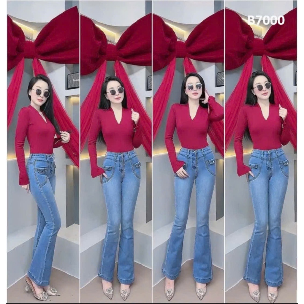Quần JEans Nữ Lưng Cao Túi Hộp Loe thời Trang tôn dáng