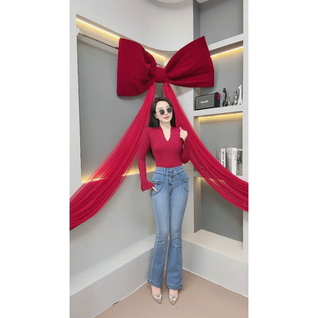 Quần JEans Nữ Lưng Cao Túi Hộp Loe thời Trang tôn dáng