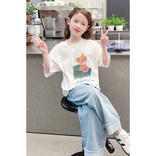 [B&G] Sét bộ áo thun rộng cotton in gấu kèm quần jean dài mềm cho bé gái từ 10-45kg(2-12 tuổi)