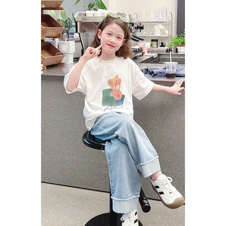 [B&G] Sét bộ áo thun rộng cotton in gấu kèm quần jean dài mềm cho bé gái từ 10-45kg(2-12 tuổi)
