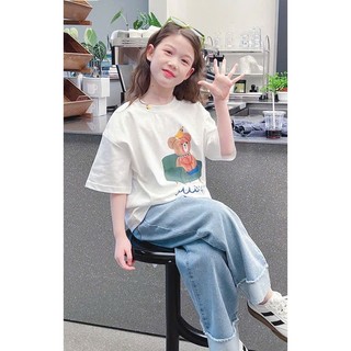 [B&G] Sét bộ áo thun rộng cotton in gấu kèm quần jean dài mềm cho bé gái từ 10-45kg(2-12 tuổi)