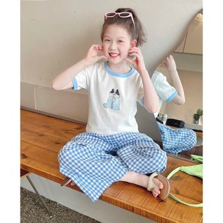 [B&G] Sét bộ Áo thun trắng phối quần caro xanh –mát mẻ siêu dễ thương bé gái đi chơi, đi học