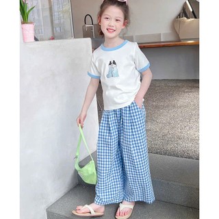 [B&G] Sét bộ Áo thun trắng phối quần caro xanh –mát mẻ siêu dễ thương bé gái đi chơi, đi học