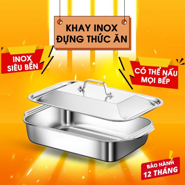 Khay inox đa năng có nắp,khay ăn hấp cá nấu canh làm bánh dùng cho mọi loại bếp