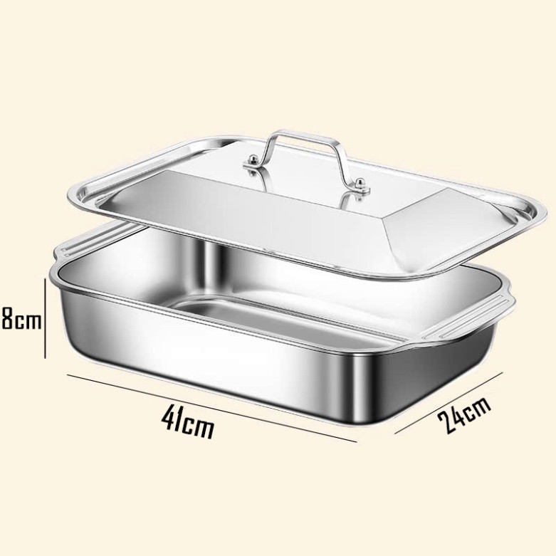Khay inox đa năng có nắp,khay ăn hấp cá nấu canh làm bánh dùng cho mọi loại bếp