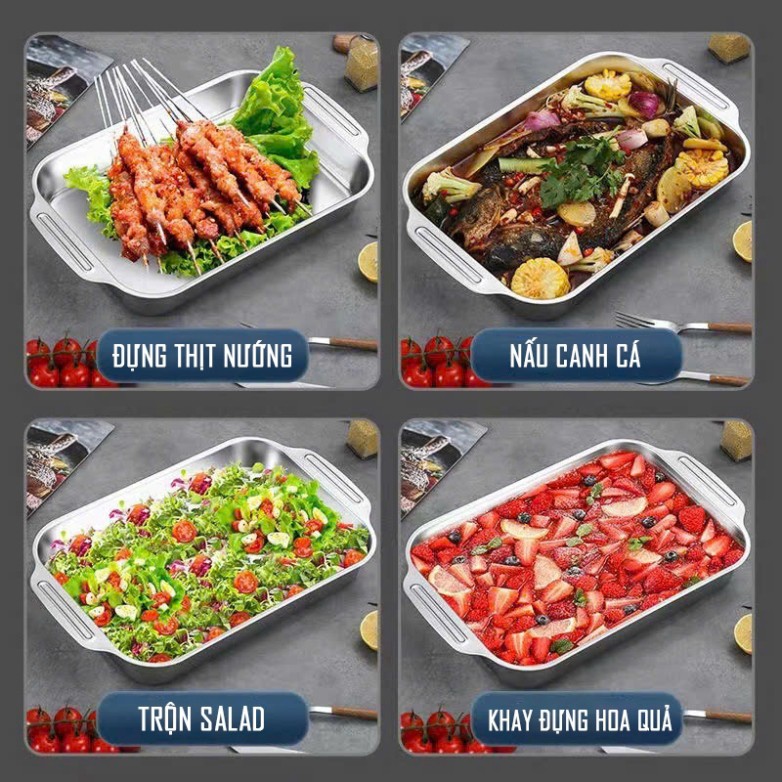Khay inox đa năng có nắp,khay ăn hấp cá nấu canh làm bánh dùng cho mọi loại bếp