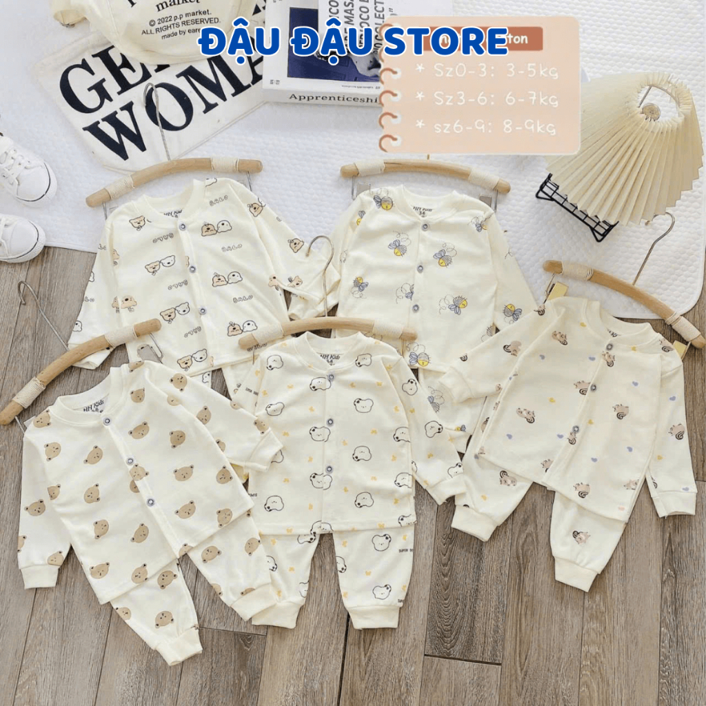 Set 5 Bộ Dài Tay Thu Đông Nỉ Cotton Cho Bé Sơ Sinh 3-9kg Cúc Giữa HH vải nỉ mềm mịn thoải mái NC001 Đậu Đậu Store