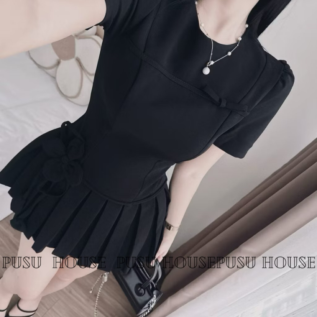 Đầm nữ thiết kế cổ tròn váy xoè dập li thắt eo đính hoa tiểu thư siêu xinh - Pusu house
