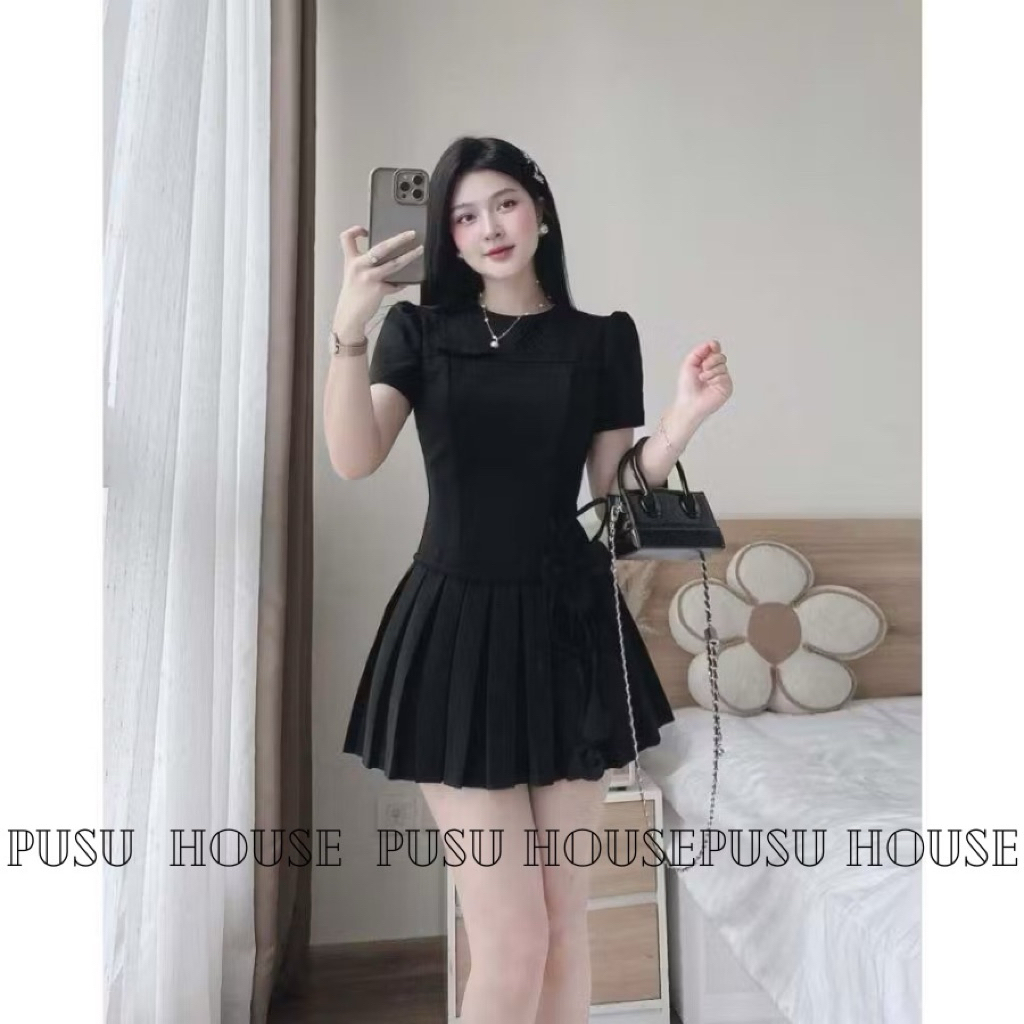 Đầm nữ thiết kế cổ tròn váy xoè dập li thắt eo đính hoa tiểu thư siêu xinh - Pusu house