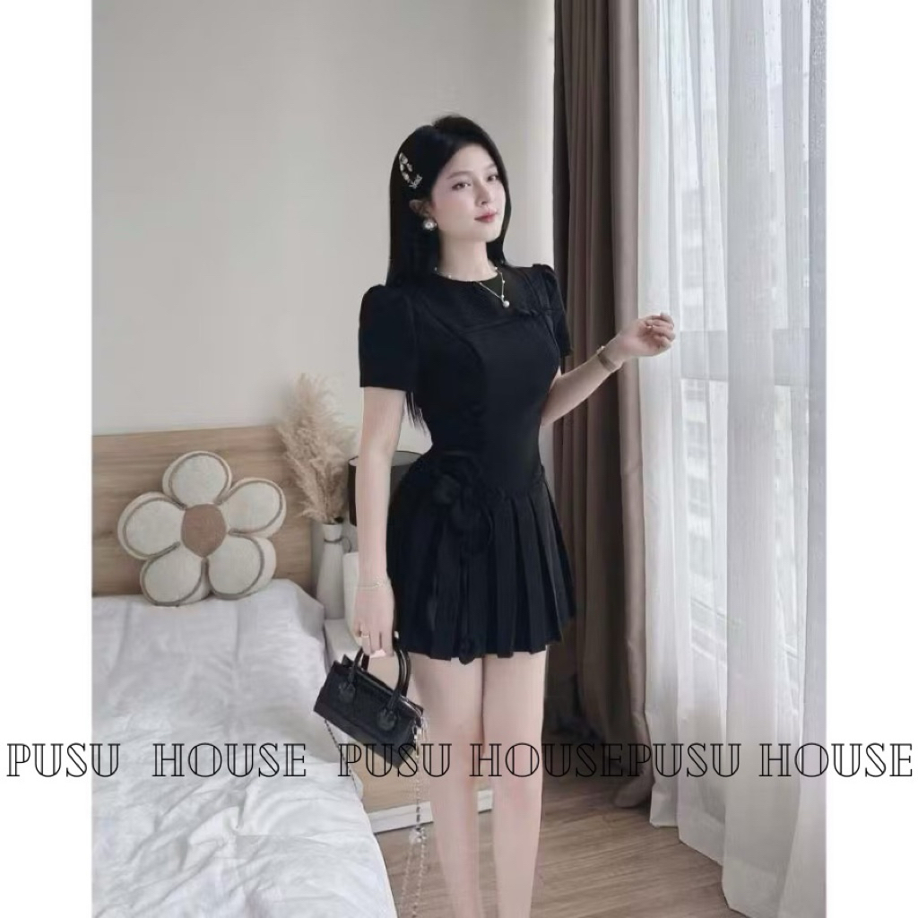 Đầm nữ thiết kế cổ tròn váy xoè dập li thắt eo đính hoa tiểu thư siêu xinh - Pusu house