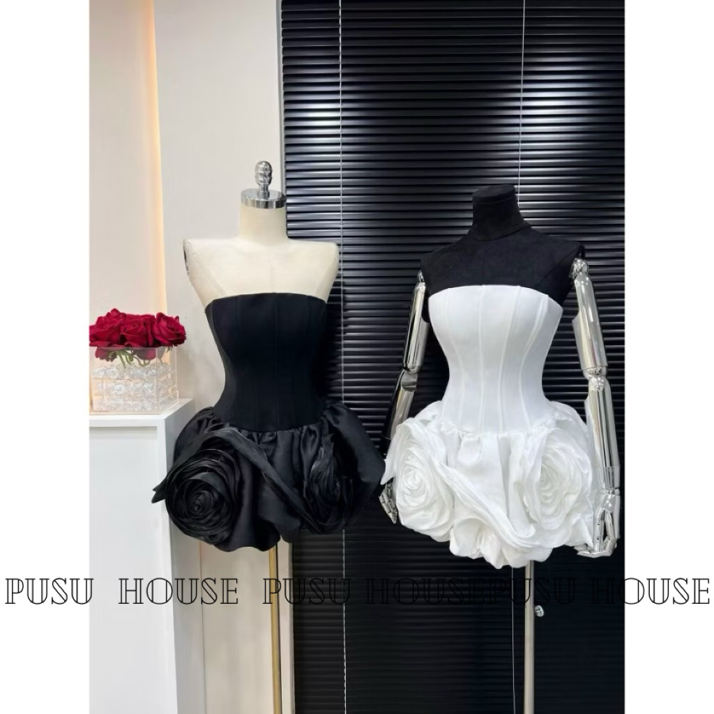 Đầm váy dự tiệc cúp xoè phối hoa to dễ thương - Pusu house