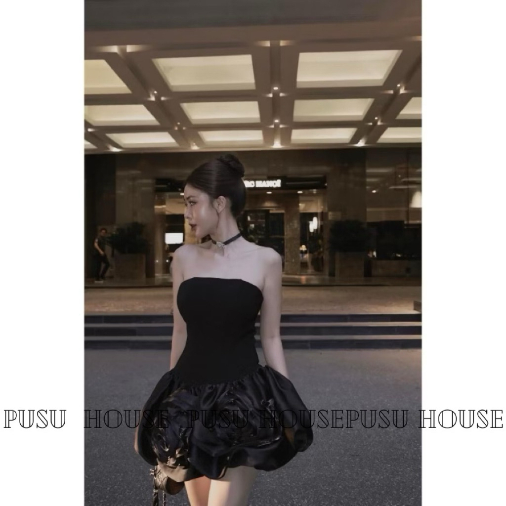 Đầm váy dự tiệc cúp xoè phối hoa to dễ thương - Pusu house
