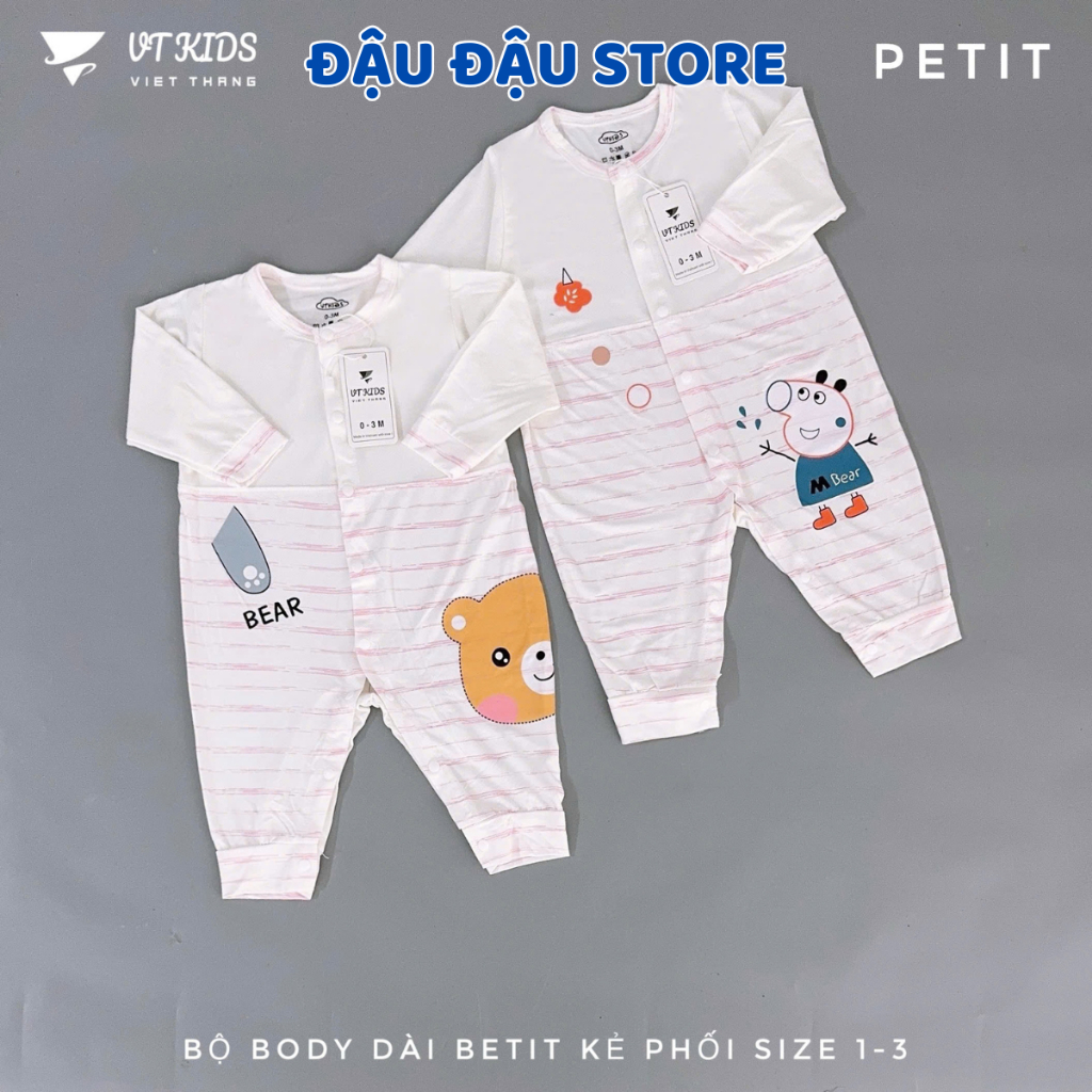 Body Dài Tay Trắng Thun Petit Phối VT Cúc Bấm Mềm Mịn Cho Bé Sơ Sinh 3-9kg VT-BD09 Đậu Đậu Store