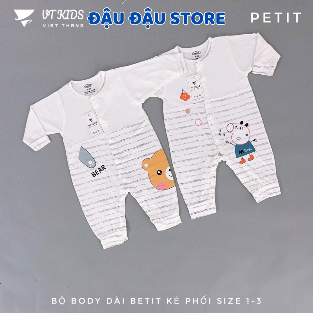 Body Dài Tay Trắng Thun Petit Phối VT Cúc Bấm Mềm Mịn Cho Bé Sơ Sinh 3-9kg VT-BD09 Đậu Đậu Store