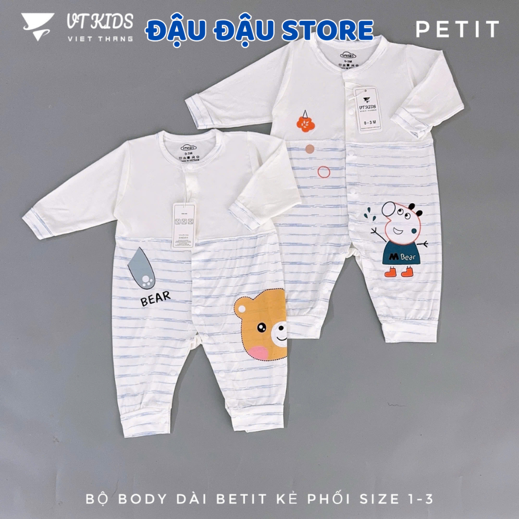 Body Dài Tay Trắng Thun Petit Phối VT Cúc Bấm Mềm Mịn Cho Bé Sơ Sinh 3-9kg VT-BD09 Đậu Đậu Store
