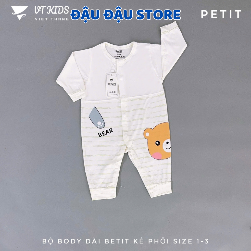 Body Dài Tay Trắng Thun Petit Phối VT Cúc Bấm Mềm Mịn Cho Bé Sơ Sinh 3-9kg VT-BD09 Đậu Đậu Store