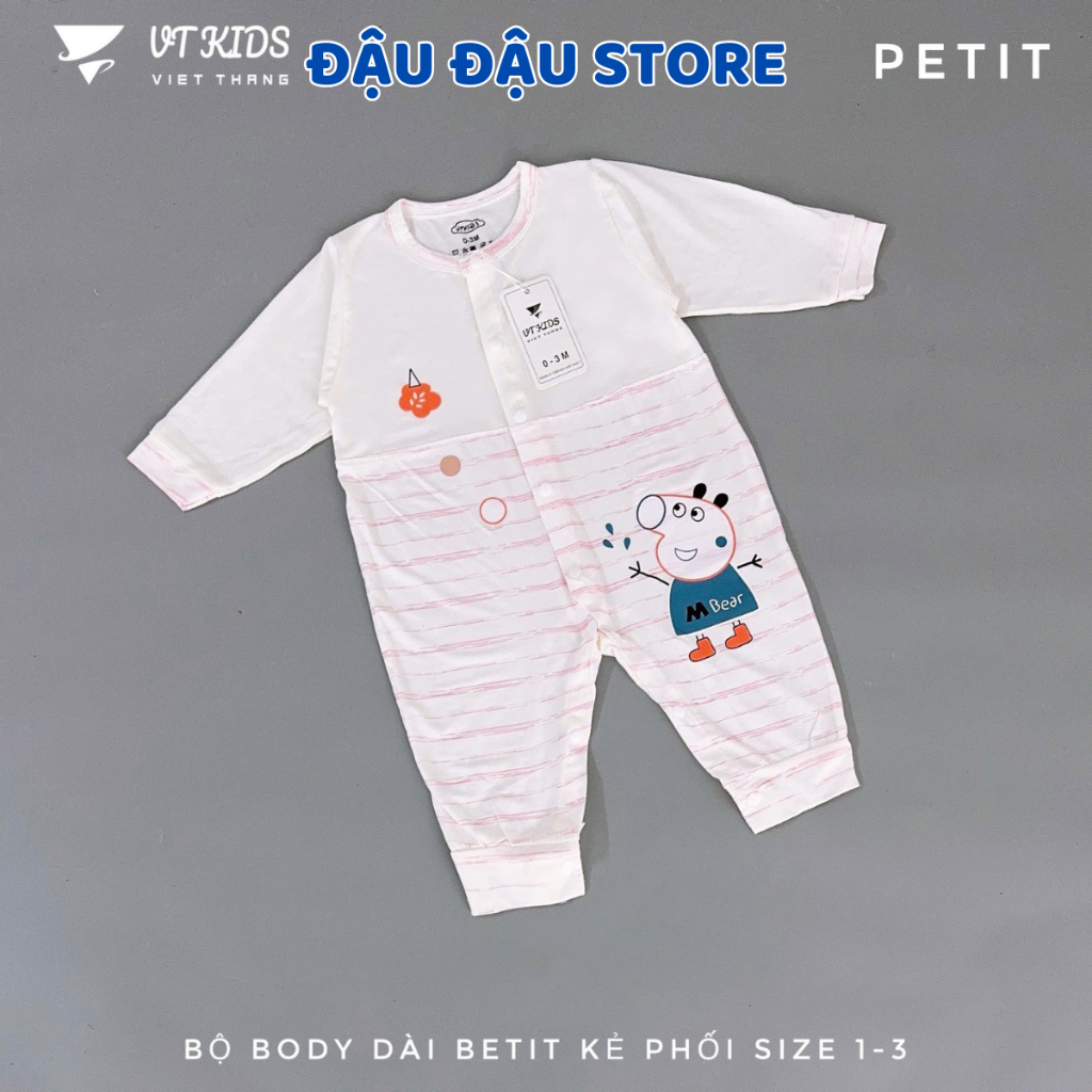 Body Dài Tay Trắng Thun Petit Phối VT Cúc Bấm Mềm Mịn Cho Bé Sơ Sinh 3-9kg VT-BD09 Đậu Đậu Store