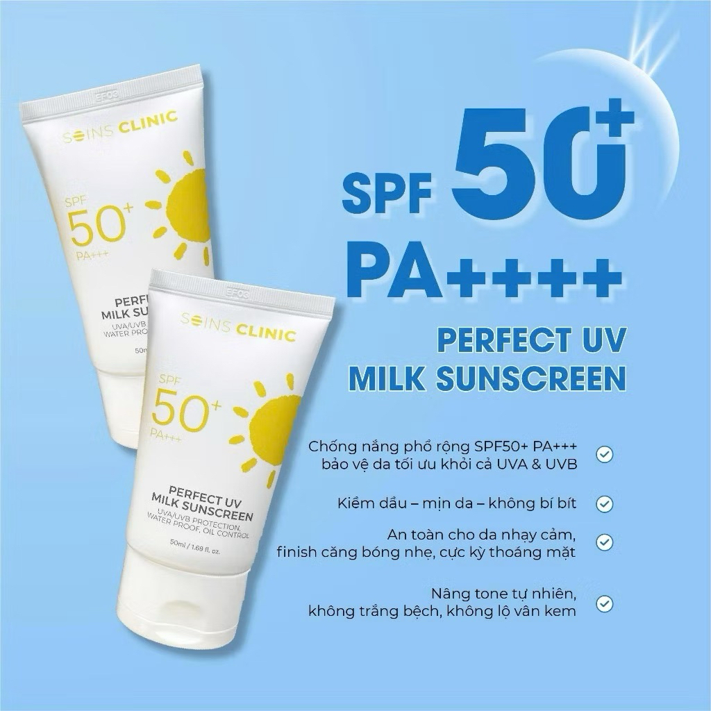Kem chống nắng soins clinic perfect UV milk sunscreen 50ml - hạn 2028 Hàn Quốc  IS187