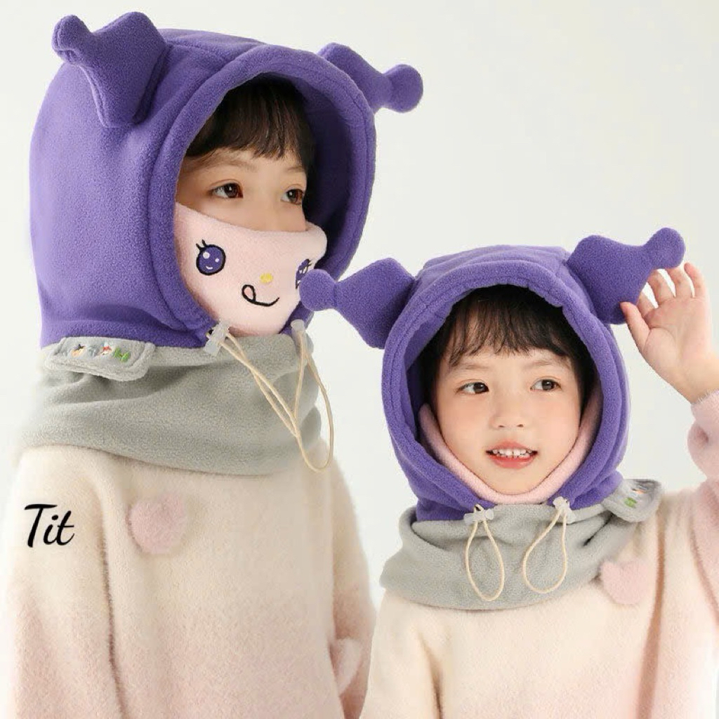 Mũ trùm đầu “happy” giữ ấm cho bé hình thú - Nón chìang cổ kèm khẩu trang lông mềm