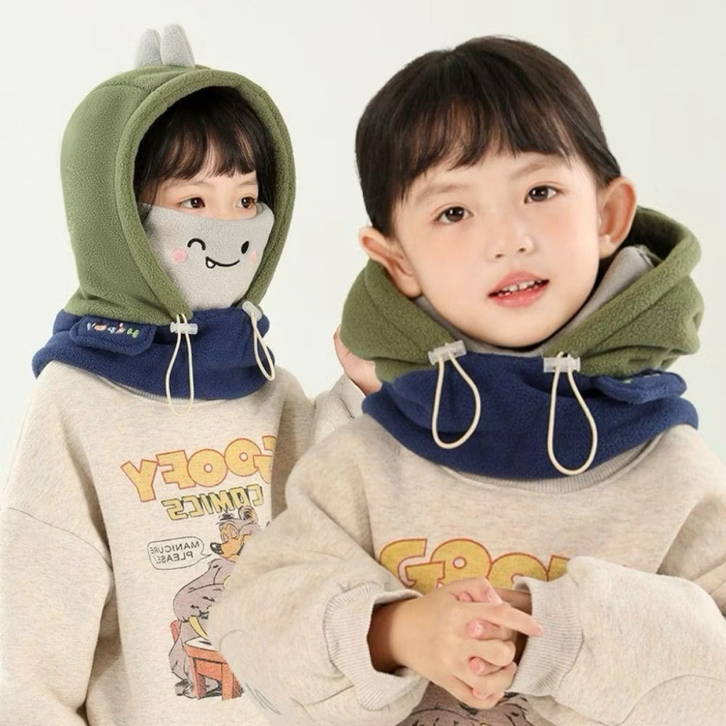 Mũ trùm đầu “happy” giữ ấm cho bé hình thú - Nón chìang cổ kèm khẩu trang lông mềm