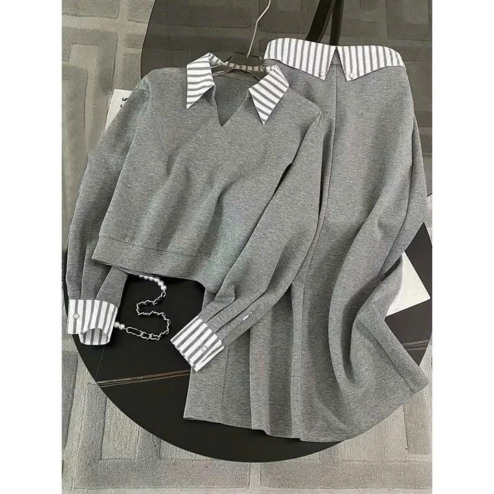 Set Váy Nữ - Set Váy Cổ Bẻ Sơ Mi Mix Chân Váy Dáng Dài , Chất Vải Mì Lạnh Mềm Mịn Phong Cách Tiểu Thư Thanh Lịch