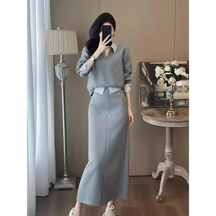 Set Váy Nữ - Set Váy Cổ Bẻ Sơ Mi Mix Chân Váy Dáng Dài , Chất Vải Mì Lạnh Mềm Mịn Phong Cách Tiểu Thư Thanh Lịch