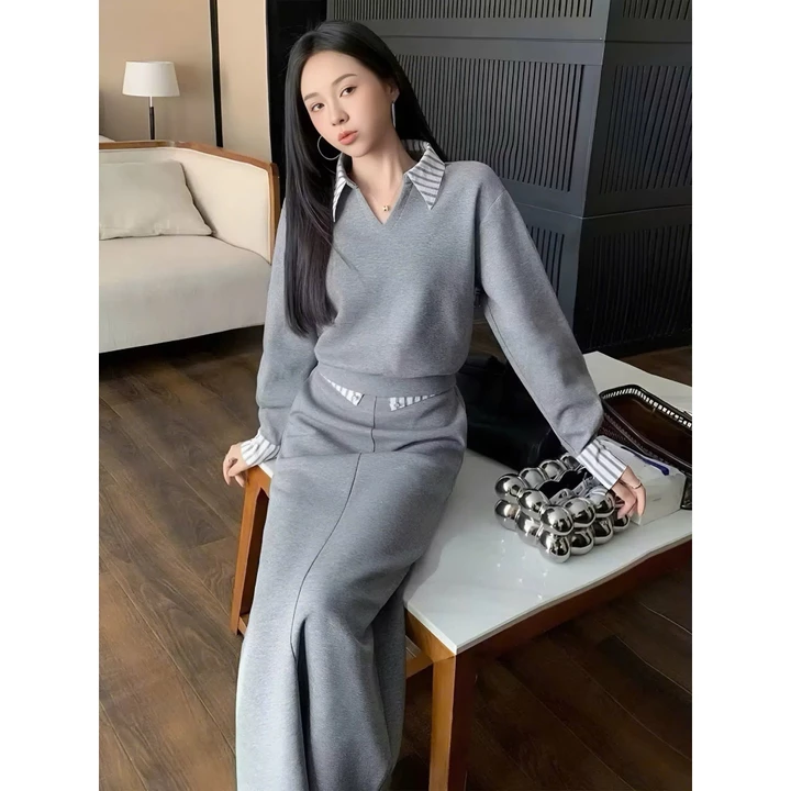Set Váy Nữ - Set Váy Cổ Bẻ Sơ Mi Mix Chân Váy Dáng Dài , Chất Vải Mì Lạnh Mềm Mịn Phong Cách Tiểu Thư Thanh Lịch