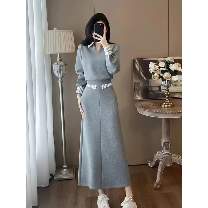 Set Váy Nữ - Set Váy Cổ Bẻ Sơ Mi Mix Chân Váy Dáng Dài , Chất Vải Mì Lạnh Mềm Mịn Phong Cách Tiểu Thư Thanh Lịch
