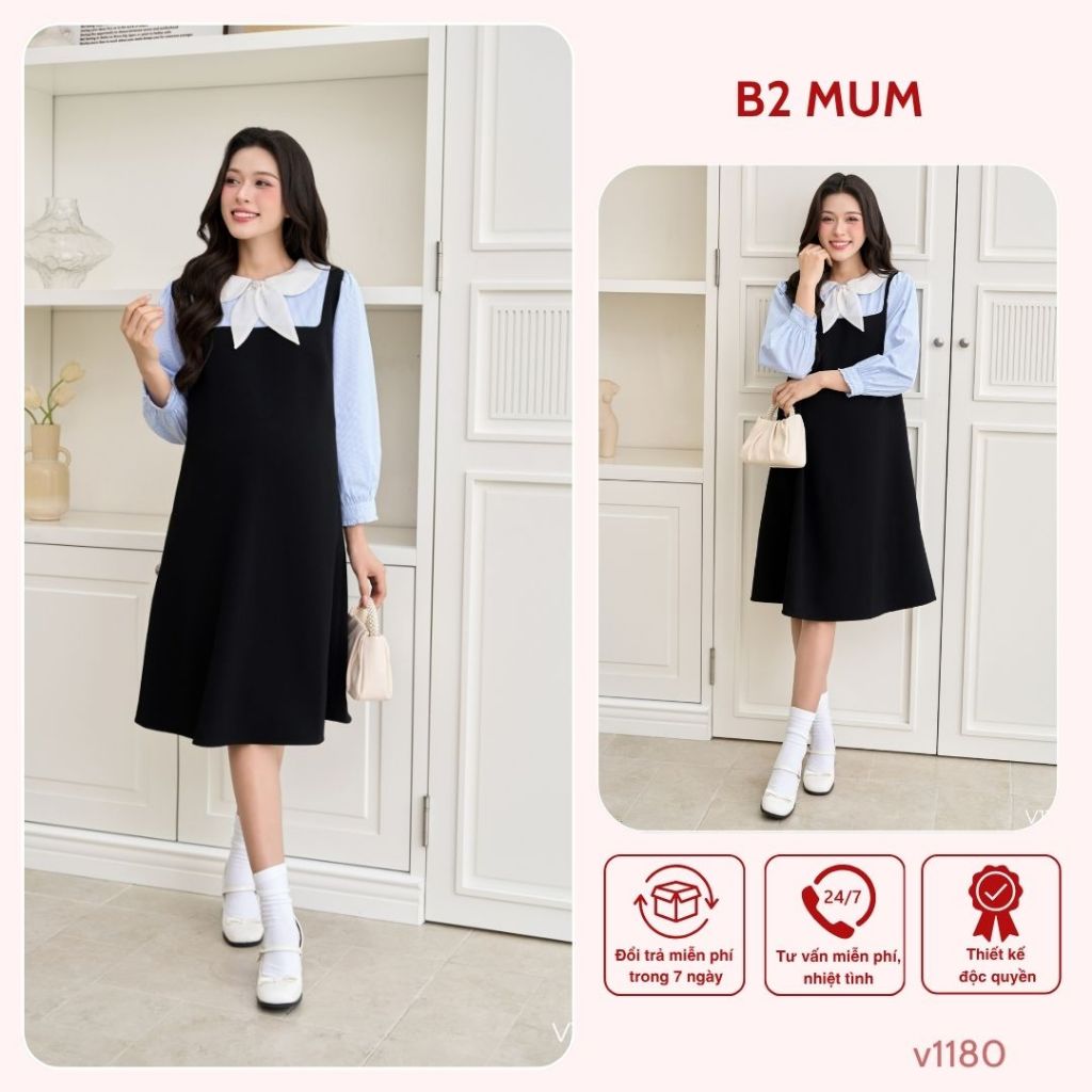 Váy bầu kèm nơ Chất tuyết mưa thấm hút mồ hôi Mặc đi làm, đi chơi V1180 thiết kế by B2MUM