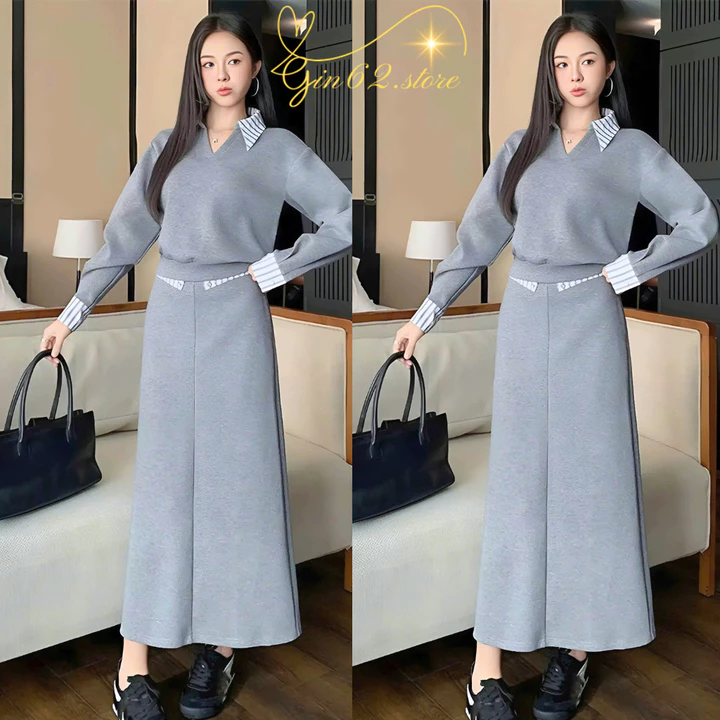 Set Váy Nữ - Set Váy Cổ Bẻ Sơ Mi Mix Chân Váy Dáng Dài , Chất Vải Mì Lạnh Mềm Mịn Phong Cách Tiểu Thư Thanh Lịch