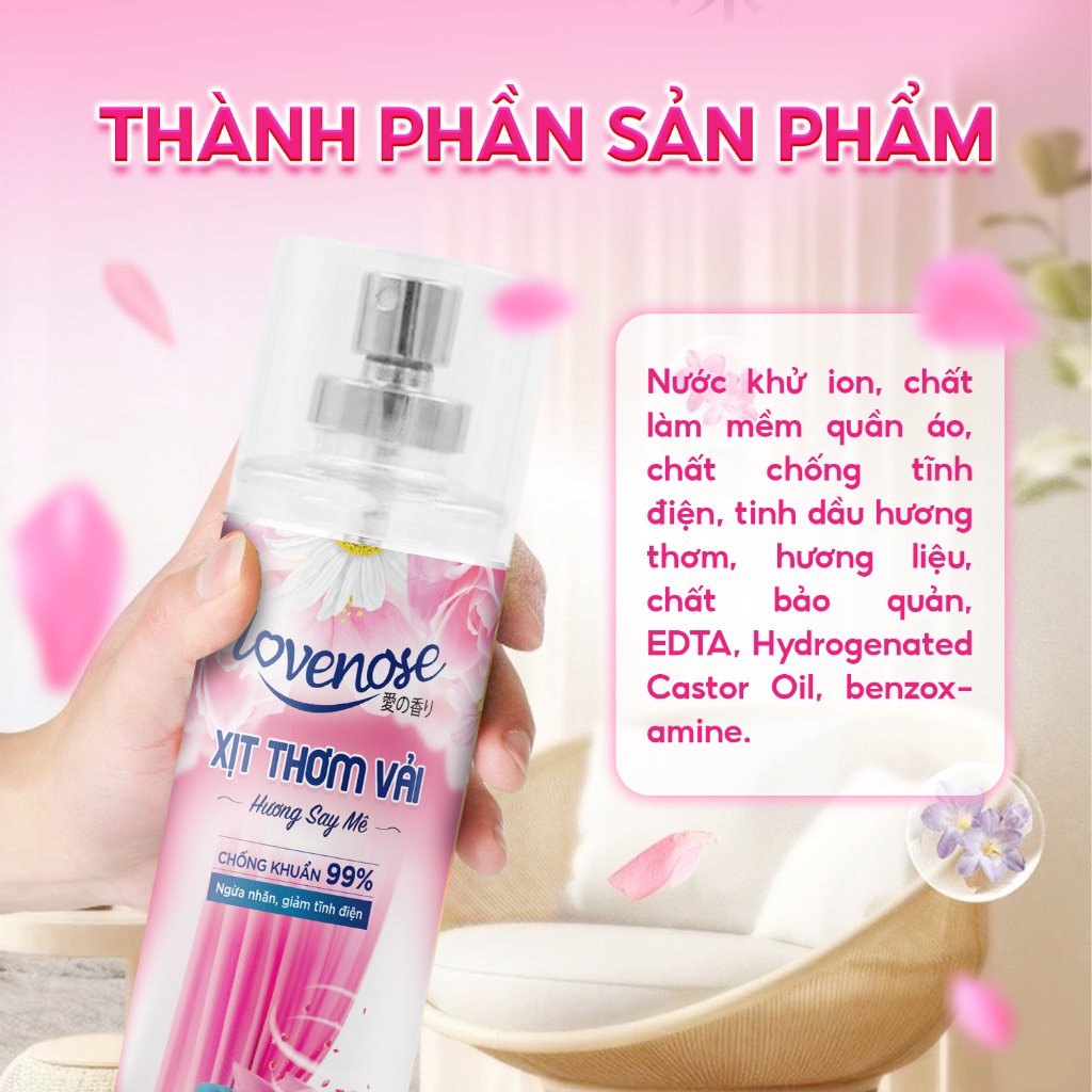 Xịt thơm vải Lovenose chiết xuất tinh dầu thiên nhiên thơm mát khử mùi hôi, hương thơm lâu dài