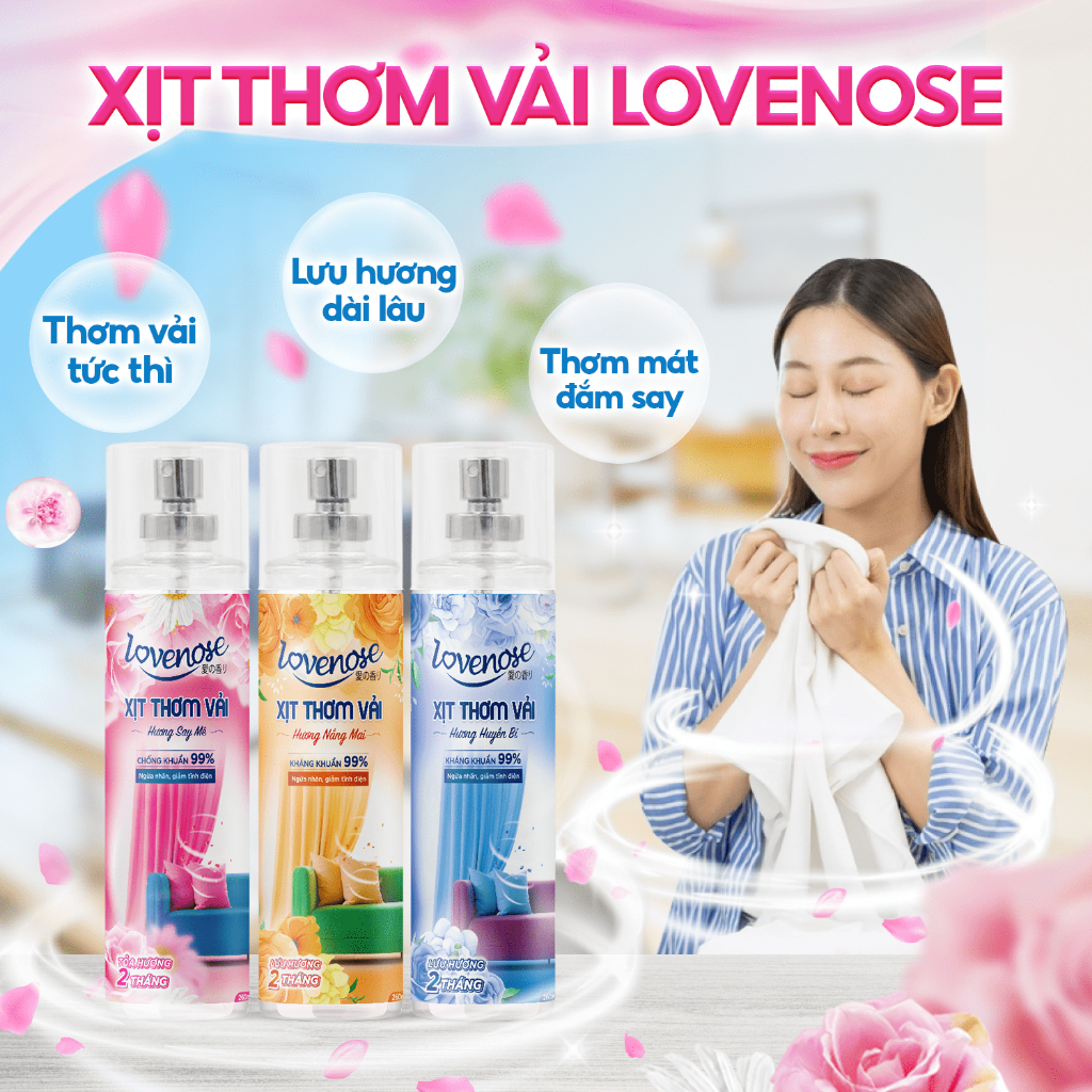 Xịt thơm vải Lovenose chiết xuất tinh dầu thiên nhiên thơm mát khử mùi hôi, hương thơm lâu dài