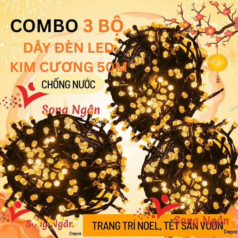 Combo 3 Bộ Dây Đèn LED Nháy chớp Kim Cương, đèn trang trí cây thông noen, trang trí tết ngoài trời