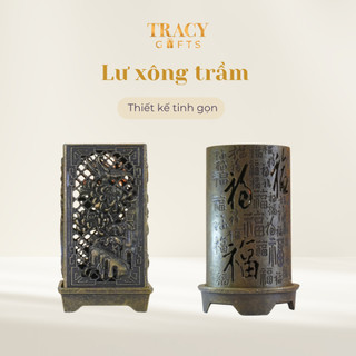 Lư xông trầm mini hợp kim TRACY GIFTS hình trụ tròn bền đẹp chạm khắc mộc mạc tinh tế