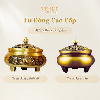 Lư đồng xông trầm nguyên chất TRACY GIFTS bền bỉ chạm khắc cổ điển có lót chống cháy
