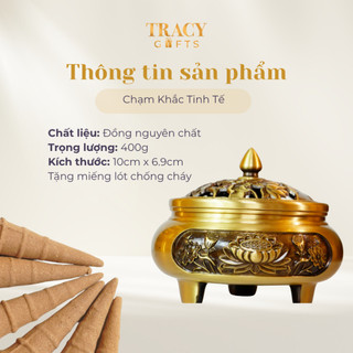 Lư đồng xông trầm nguyên chất TRACY GIFTS bền bỉ chạm khắc cổ điển có lót chống cháy