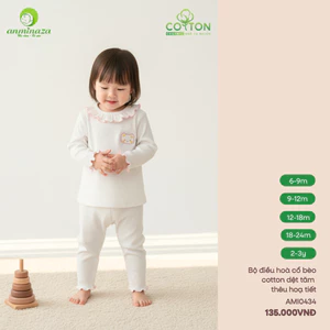 AMI0434 - Bộ Dài Tay Bé Gái Anminaza Vải Cotton Dệt Tăm Cổ Bèo Mềm Mịn Ấm Áp