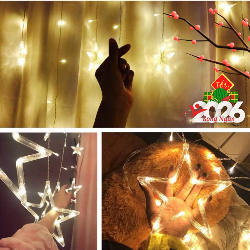 Dây Đèn Led Nháy Trang Trí 3M Thả Rủ Ngôi Sao, Màn Thả Đèn Trang Trí Trong Nhà Ngoài Trời Cửa Sổ