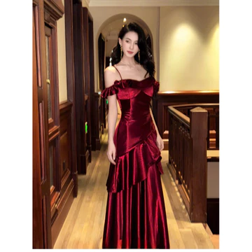 Đầm phi hai dây rớt vai bèo váy dáng dài cực sang, đầm đỏ sang dự dạ hội, đầm dài đi đám cưới, đầm phi dự tiệc