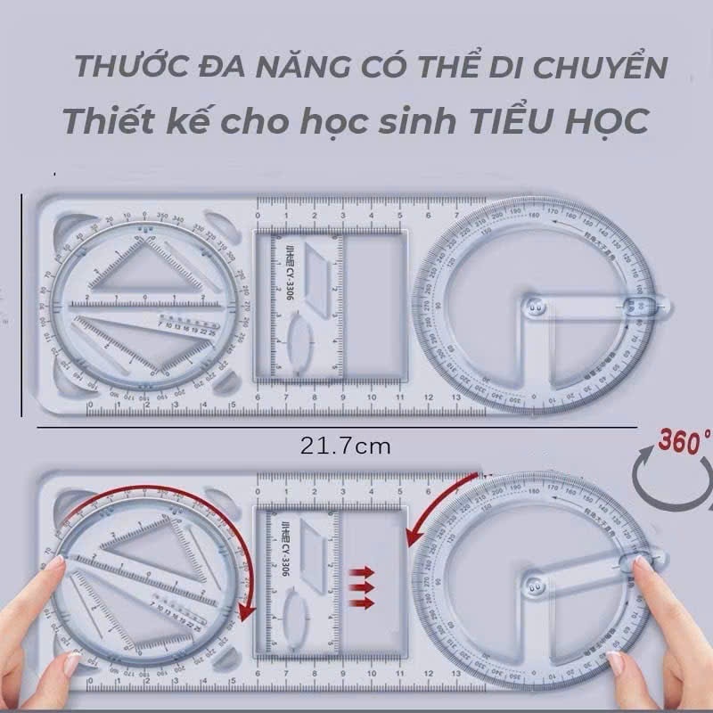 Thước kẻ đa năng CY360 5 trong 1 Decorme thước hình học đa năng xoay 360 độ kẻ được nhiều hình tiện dụng cho học sinh