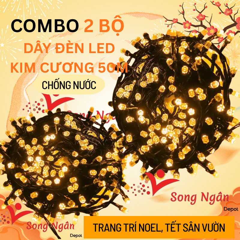 2 Bộ 50M Dây Đèn LED Nháy Trang Trí Nhà Cửa, Sân Vườn, Đèn Dây Led Trang Trí Tết, Đèn Led Quấn Cây