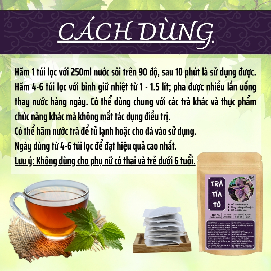 HÒA BÌNH ORGANIC - Trà Túi Lọc Tía Tô - Giảm acid uric, chống viêm, giảm đau khớp  - Bịch 50 lọc
