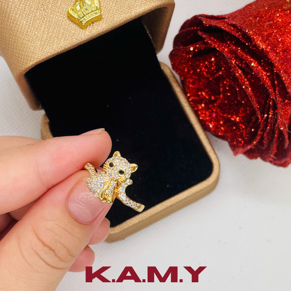 Nhẫn Mèo Thần Tài Mạ Vàng 24K Đính Đá CZ Lấp Lánh – Biểu Tượng May Mắn, Tài Lộc, Tình Duyên