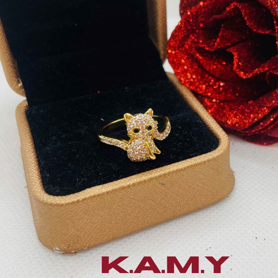 Nhẫn Mèo Thần Tài Mạ Vàng 24K Đính Đá CZ Lấp Lánh – Biểu Tượng May Mắn, Tài Lộc, Tình Duyên