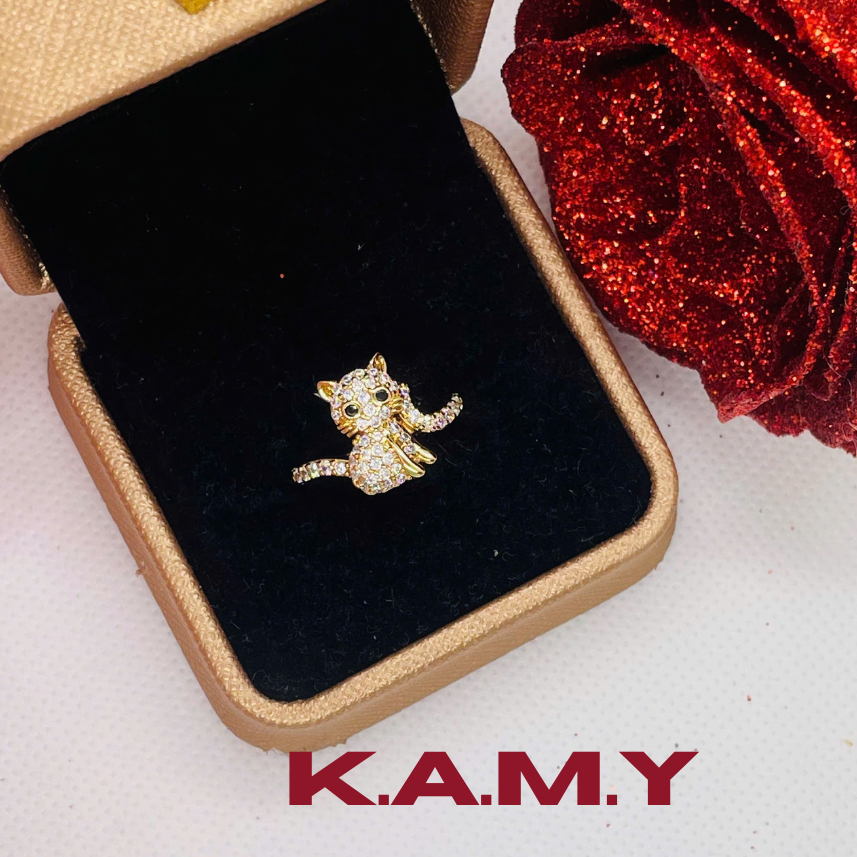 Nhẫn Mèo Thần Tài Mạ Vàng 24K Đính Đá CZ Lấp Lánh – Biểu Tượng May Mắn, Tài Lộc, Tình Duyên