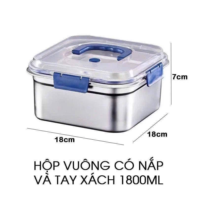 SET 2 HỘP INOX ĐỰNG THỰC PHẨM CÓ NẮP ĐẬY, CÓ QUAI XÁCH, DUNG TÍCH 1800ML