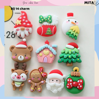 Bộ 14 Sticker, Charm 3D chủ đề Noel nhám DIY nhựa cứng gắn Dép, Dép Sục, Cá Sấu Mita JB-03